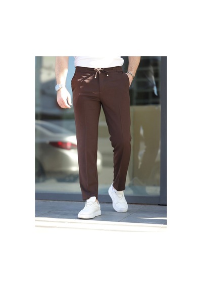 Rahat Şık Kolay Ütülenebilir Slim Fit Kumaş Jogger Pantolon Kahverengii