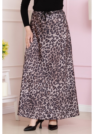 Sevitli Beli Bağcıklı Leopar Desenli Etek-vizon-4713 Vizon