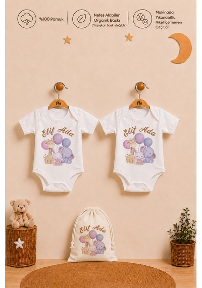 Pia Baby Kız Bebek İsme Özel Hediye Seti 2'li %100 Pamuk Organik Baskılı Body Zıbın Ve Ham Bez Kıyafet Kesesi 2054b2k0x Ekru