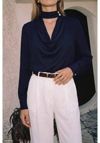 Sateen Degaje Yaka Bluz - Lacivert-137928