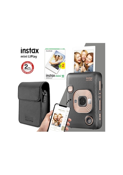 FujifilmInstax Mini Liplay Hybrid Elegant Fotoğraf Makinesi + 20'li Film + LiPlay Deri Çanta 4 Siyah