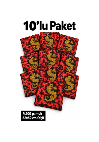 Herşeynota 10 Lu Kırmızı Siyah Ejderha Desenli %100 Pamuk Fular Bandana 52x52 Cm Unisex Çok Renkli