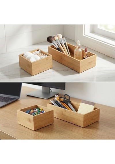 2&apos Li Çok Amaçlı Bambu Organizer Set - Büyük Ve Küçük Boy Banyo, Mutfak Ve Ofis Düzenleyici Kutu - Ahşap Dekoratif Saklama Seti 33x16x12 Cm & 15x15x6 Cm Açık Ahşap