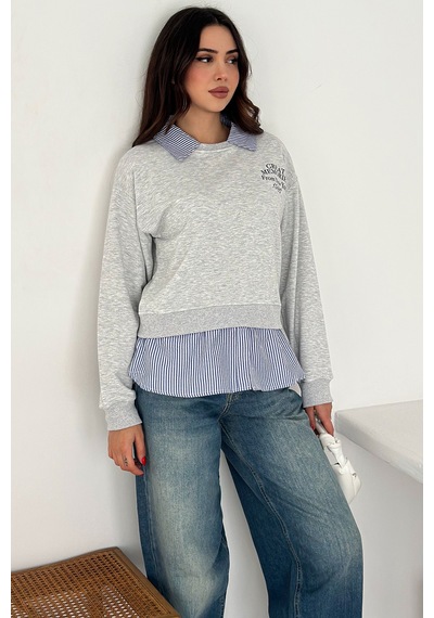 Noa & Noa Kadın Gömlek Detaylı Baskılı Sweatshirt Serene Layer Gri