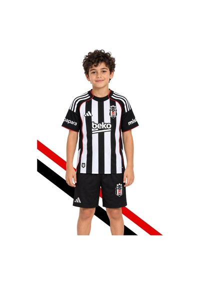 Adidas Beşiktaş Forma 25-26 Sezon Çubuklu Çocuk Forması Ve Şort Takım Siyah-beyaz