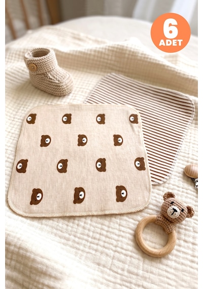 Just Inner Erkek Bebek 6'lı Pamuklu Ağız Mendili Ayıcık Ve Çizgili Desenli Kutulu Set Nefes Alan Doku 584202 Bej