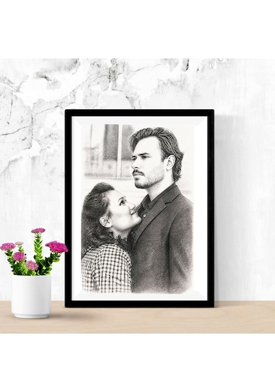 Sevgiliye Hediye Fotoğraftan Karakalem Resim Baskılı Yapışkanlı Çerçeve