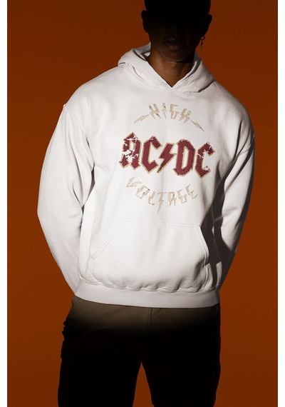 Sevbano High Ac Dc Voltage Yazılı Unisex Oversize Rock Metal Hoodie Beyaz