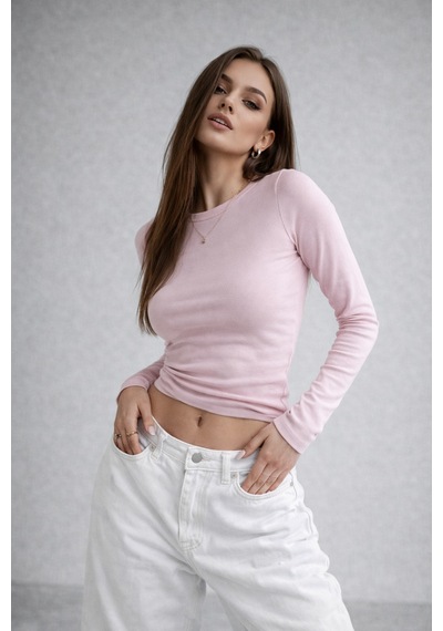 Wild Bee Kadın Toz Pembe Bisiklet Yaka Uzun Kollu Basic Bluz
