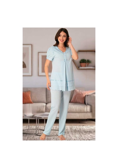 Effort Pijama Kadın Mavi Gizli Emzirme Özellikli Lohusa Pijama Takımı Effortt 8022 Mavi