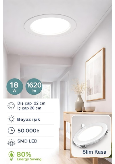 18w Tasarruflu Led Yuvarlak Beyaz/gün Işık Sıva Altı Slim Panel Tavan Aydınlatma Armatürü Beyaz-1 Adet Diğer