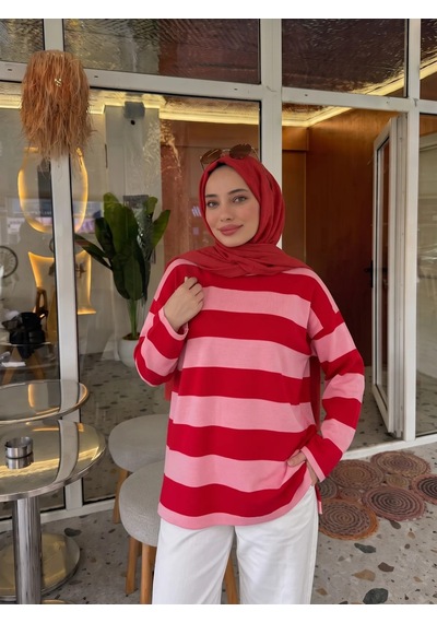 Trend Paris Çizgili Yanı Yırtmaçlı Rahat Kalıp Tunik Bluz Kırmızı 42