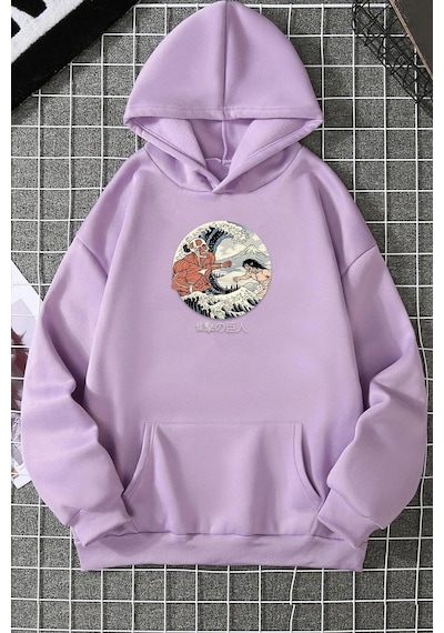 Uyguntarz Unisex Kanagawa Oki Nami Ura Baskılı Sweatshirt Lila