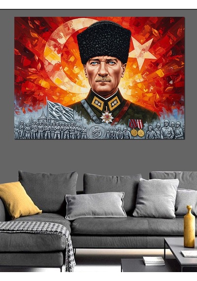 Türk Bayrağı Ve Kalpak Başlıklı Mareşal Mustafa Kemal Atatürk Dekoratif Kanvas - Mdf Ahşap Tablo