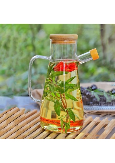 Yağdanlık Cam Şişe 900 Ml Bambu Vakumlu Kapak Ahşap Stantlı Tekli