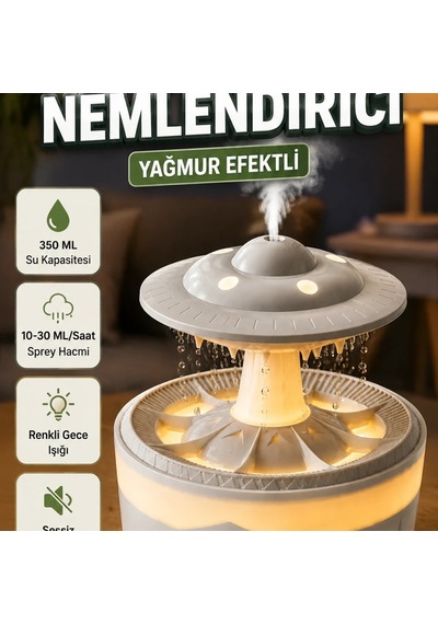 350 Ml Ufo Hava Nemlendirici Simüle Yağmur Efektli Renkli Gece Işığı