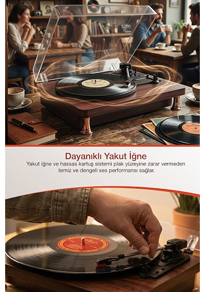 Bluetooth Aux Iğne Dahil Hoparlörlü Pikap Plak Çalar Ahşap