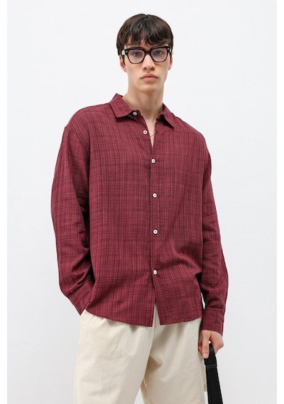 Vamos Dokulu Keten Görünümlü Oversize Gömlek Bordo