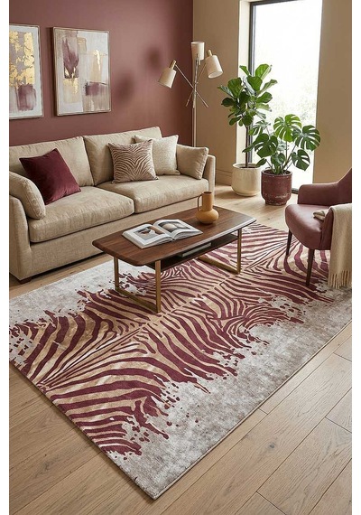 Frenda Home Zebra Desen Pamuk Taban Baskılı Halı Kahve Krem