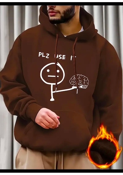 Medinenur Plz Use It Baskılı Kapüşonlu Sweatshirt Kahverengi