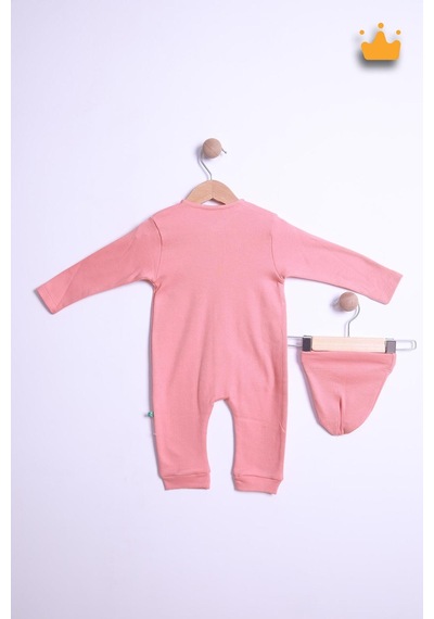 Babyhola Kız Erkek Bebek Tulum Bere Takım Pamuk Önden Düğmeli İnterlok 23630 Gül Kurusu