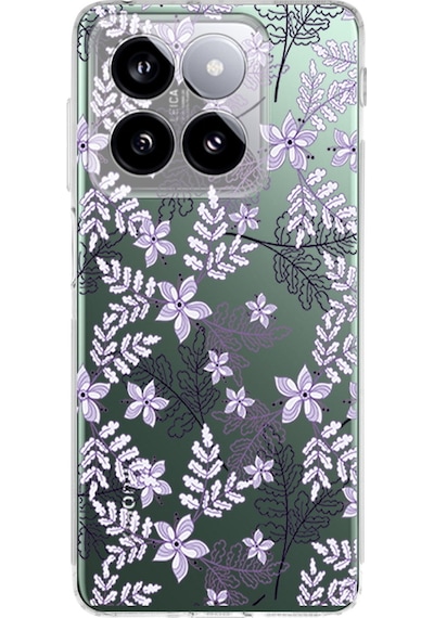 Xiaomi Mi 14 İle Uyumlu Floral Lila Baskılı Kamera Korumalı Şeffaf Kılıf