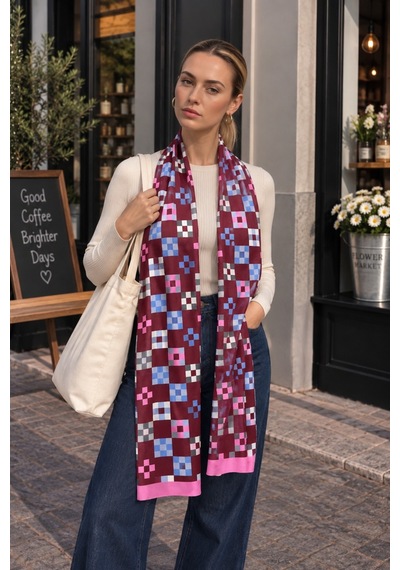 Tarzını Seç Bordo Geometrik Kare Desenli Yumoş Polar Kışlık Şal Atkı 70 X 180 Cm