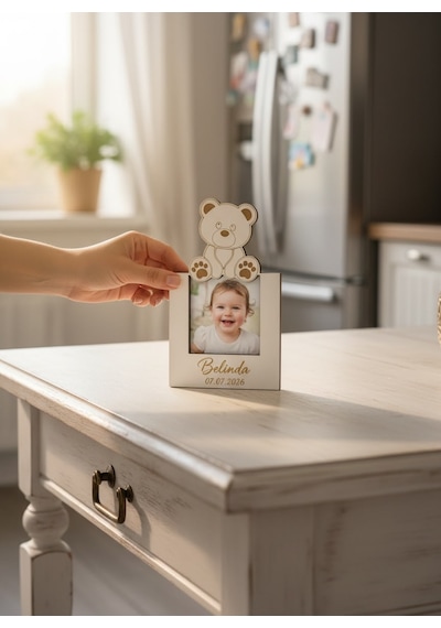 Kişiye Özel Ayıcık Figürlü Ahşap Fotoğraflı Magnet 10'lu Beyaz