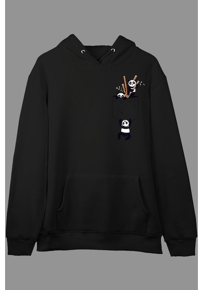 Tarzsokak Oversize Sevimli Panda Cep Tasarımlı Baskılı Kapüşonlu Sweatshirt Hoodie Siyah