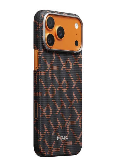 Apple iPhone 17 Pro Kılıf M-safe Uyumlu Aramid Fiber Pitaka Tactile Woven Monogram Serisi Turuncu-siyah Turuncu - Siyah