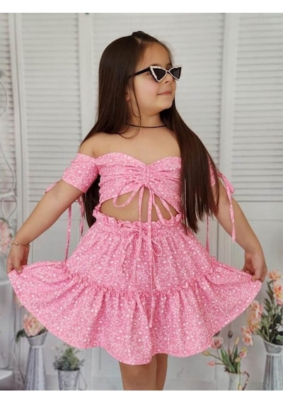 Quzucuk Kids Kız Çocuk Baharlık Pembe Büstiyerli Takım Pembe