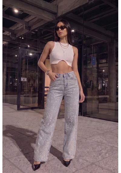 Kadın Buz Mavi Önü Full Taşlı Likralı Yüksek Bel Wide Leg Geniş Paça Jean Kot Pantolon