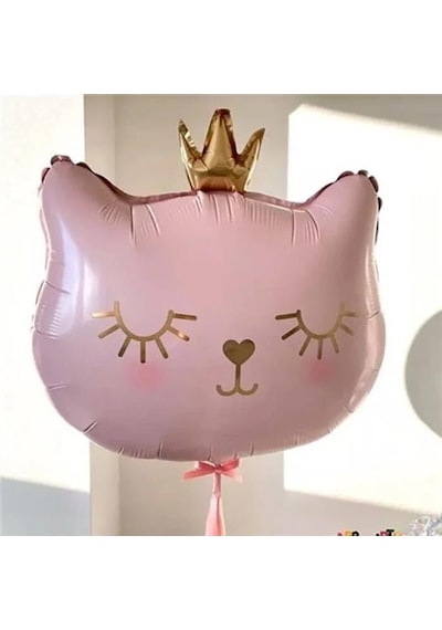 56x49 Cm Pembe Kedi Kafası Taçlı Folyo Balon 30 İnç - Doğum Günü Parti Dekorasyon Balonu Çok Renkli