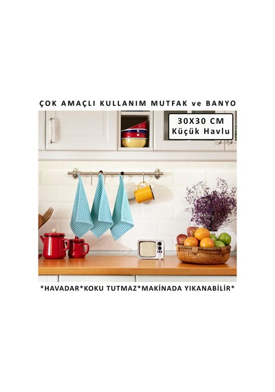 Püskül Açık Mavi, Pakette 3-adet 30x30 Cm Mutfak Havlusu, Misafir Havlusu Çok Renkli