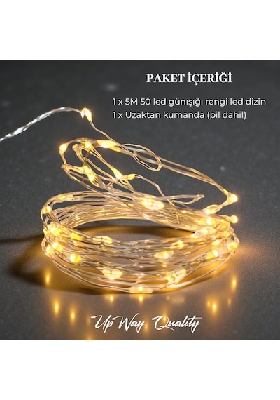 Upway 5 Metre Günışığı Kumandalı 50 Led Işık - Usb Dekoratif Aydınlatma Sarı