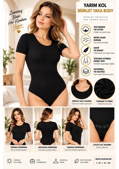 Kadın Yarım Kol Bisiklet Yaka Çıtçıtlı Body Siyah, Esnek Kumaş, Vücuda Oturan Basic Body - Ryl - 2721 Diğer