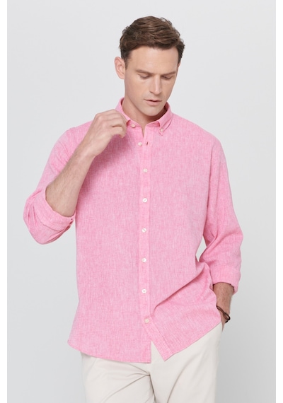 AC&Co / Altınyıldız Classics Erkek FUSYA Comfort Fit Rahat Kesim Düğmeli Yaka Casual Keten Gömlek Fuşya