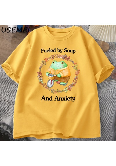 Flood Of Style Komik Kurbağa Grafik T-shirt Çorba Ve Anksiyete T Shirt Erkek Kadın Rahat Zihinsel Tshirt Mod Sarı