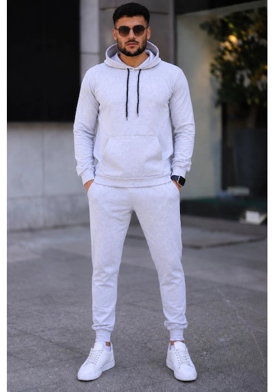 Moda Erkek İki İplik Kapüşonlu Kanguru Cepli Sweatshirt Jogger Pantolon Alt Üst Eşofman Takımı -beyaz Çok Renkli