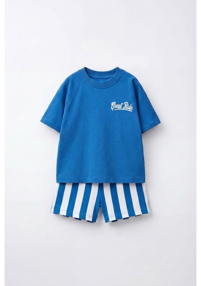 Magu Erkek Çocuk Pamuklu Baskılı T-shirt Çizgili Şort Takım Mavi