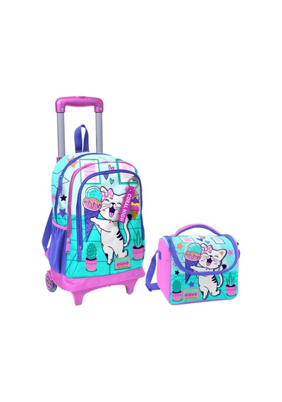 Coral High Turkuaz Pembe Dondurmalı Kedi Işıklı Tekerlekli Okul Çantası Ve Beslenme Seti - Kız Çocuk