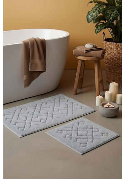 Geometrik Desenli Pamuklu 2 Li Banyo & Klozet Paspas Takımı Gri