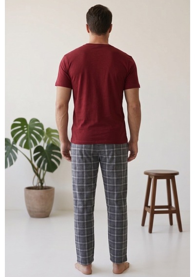 Siyah İnci Desenli Baskılı Örme Kısa Kollu Pijama Takım 8004 Bordo
