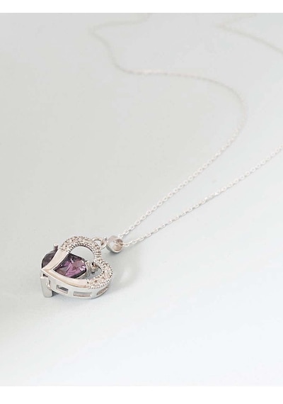 Brezza Lusso Jewelry Gümüş Kolye Ametist Taşı Kalp Kadın Kolye 45 CM