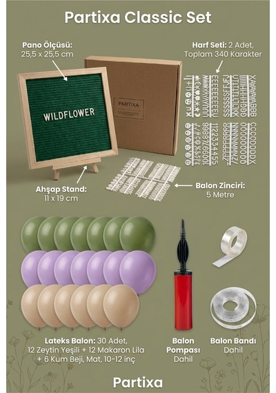 Kır Çiçeği Temalı Doğum Günü Süsleme Classic Set Koyu Yeşil Keçe Yazı Panosu Standlı Balon Zincirli Cottagecore Seti Tüm Yaşlar