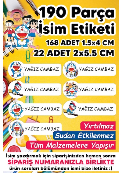 Okul Etiketi Kalem Defter Etiketi Doraemon Temalı Özel Isim Yazılabilen Etiket - 190 Adet