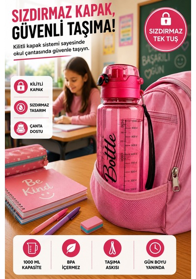 Pembe 1 Litre Suluk Matara Sızdırmaz Kilitli Kapaklı Bpa İçermez Okul Spor Su Şişesi 1000 Ml Askılı