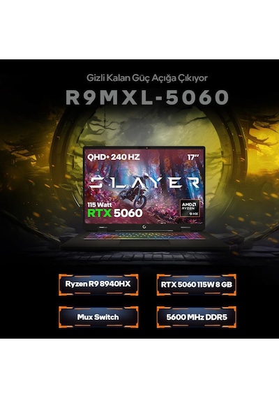 Game Garaj Slayer R9MXL-5060-C2 R9-8940HX 32 GB 1 TB SSD RTX5060 17" Free Dos Dizüstü Bilgisayar
