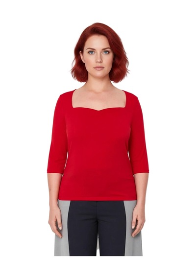 Ersefa Kadın Vücuda Oturan Kalp Yaka Bluz Polyester Elastan Kumaşlı Truv Kırmızı