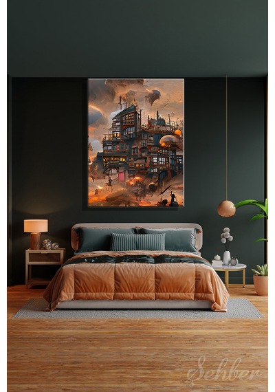 Dikey Kanvas Tablo Tekli Ev Kafe Ofis Steampunk Veya Post-apokaliptik Şehir Konsepti 2725